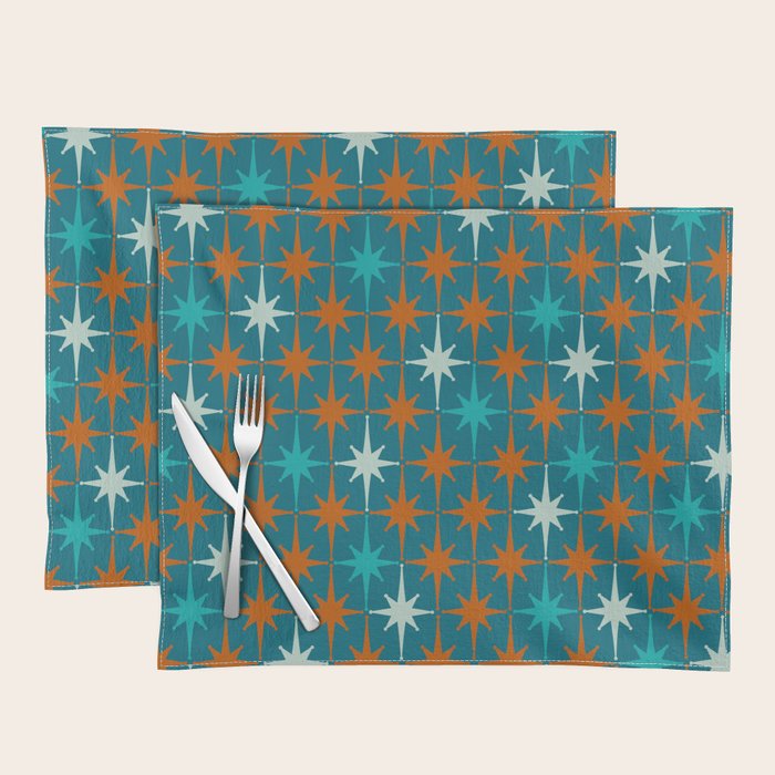 Atomic Age 1950s Starburst Pattern in Mid-Century Modern Turquoise, Rust, Teal Placemat Gallery Image 1