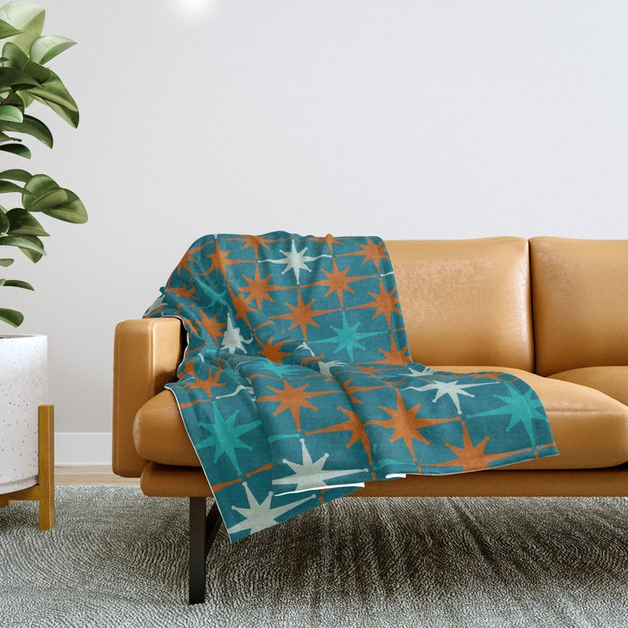 Atomic Age 1950s Starburst Pattern in Mid-Century Modern Turquoise, Rust, Teal Throw Blanket Gallery Image 1