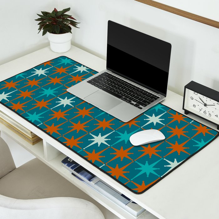 Atomic Age 1950s Starburst Pattern in Mid-Century Modern Turquoise, Rust, Teal Desk Mat Gallery Image 2