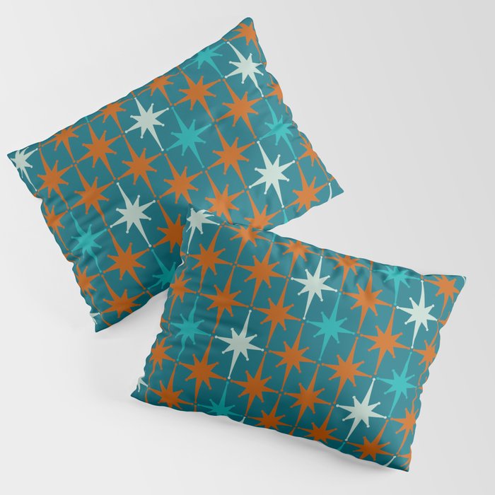 Atomic Age 1950s Starburst Pattern in Mid-Century Modern Turquoise, Rust, Teal Pillow Sham Gallery Image 1