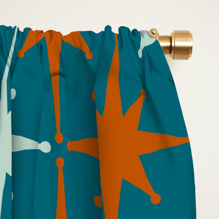 Atomic Age 1950s Starburst Pattern in Mid-Century Modern Turquoise, Rust, Teal Window Curtain Gallery Image 2