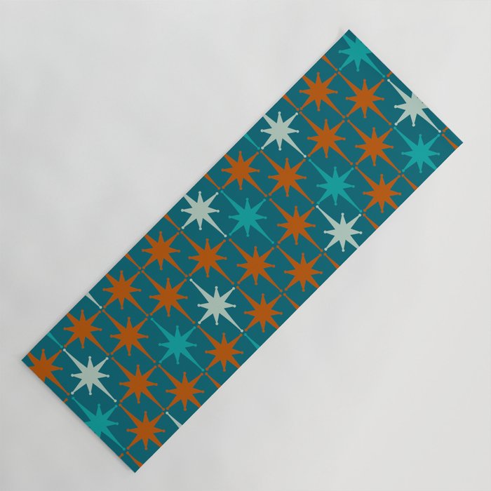 Atomic Age 1950s Starburst Pattern in Mid-Century Modern Turquoise, Rust, Teal Yoga Mat Gallery Image 1