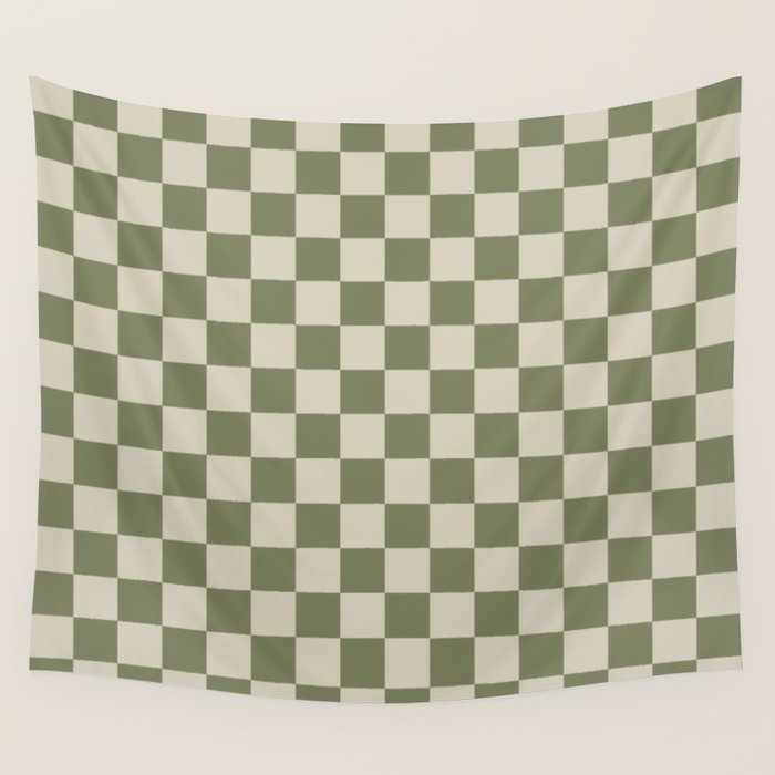Checkerboard Check Checkered Pattern in Sage Olive Green and Beige Wall Tapestry Gallery Image 1