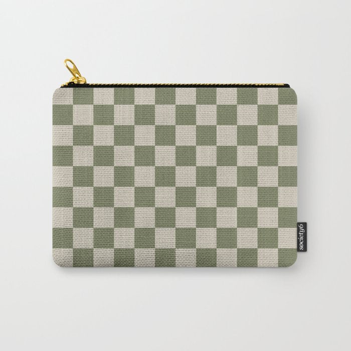 Checkerboard Check Checkered Pattern in Sage Olive Green and Beige Carry All Pouch Gallery Image 1