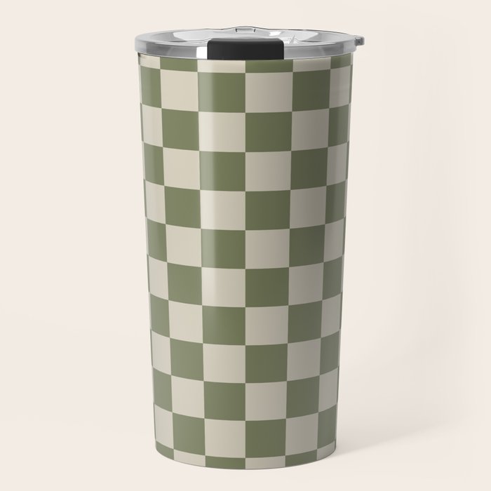 Checkerboard Check Checkered Pattern in Sage Olive Green and Beige Travel Mug Gallery Image 1