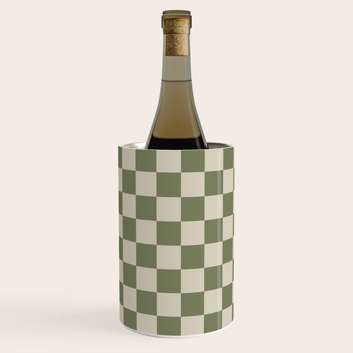 Checkerboard Check Checkered Pattern in Sage Olive Green and Beige Wine Chiller Gallery Image 2