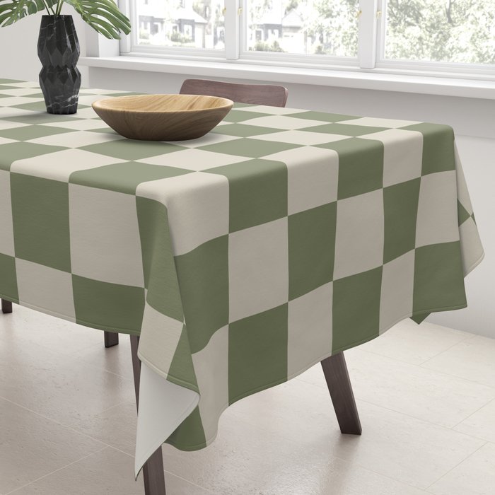 Checkerboard Check Checkered Pattern in Sage Olive Green and Beige Tablecloth Gallery Image 3