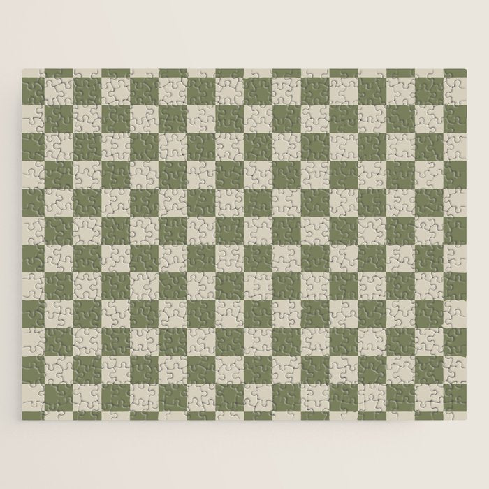 Checkerboard Check Checkered Pattern in Sage Olive Green and Beige Jigsaw Puzzle Gallery Image 1