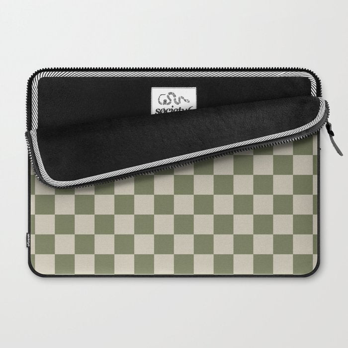 Checkerboard Check Checkered Pattern in Sage Olive Green and Beige Laptop Sleeve Gallery Image 2