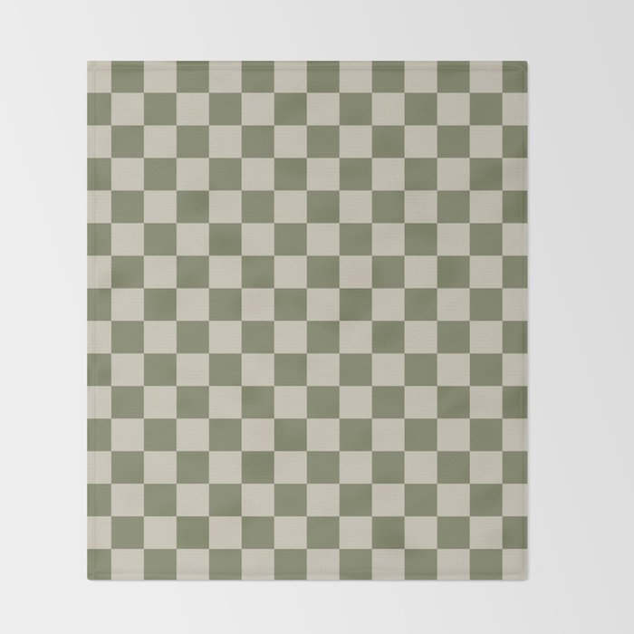 Checkerboard Check Checkered Pattern in Sage Olive Green and Beige Throw Blanket Gallery Image 2