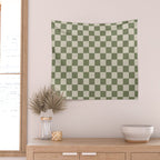 Checkerboard Check Checkered Pattern in Sage Olive Green and Beige Wall Tapestry Gallery Image 2