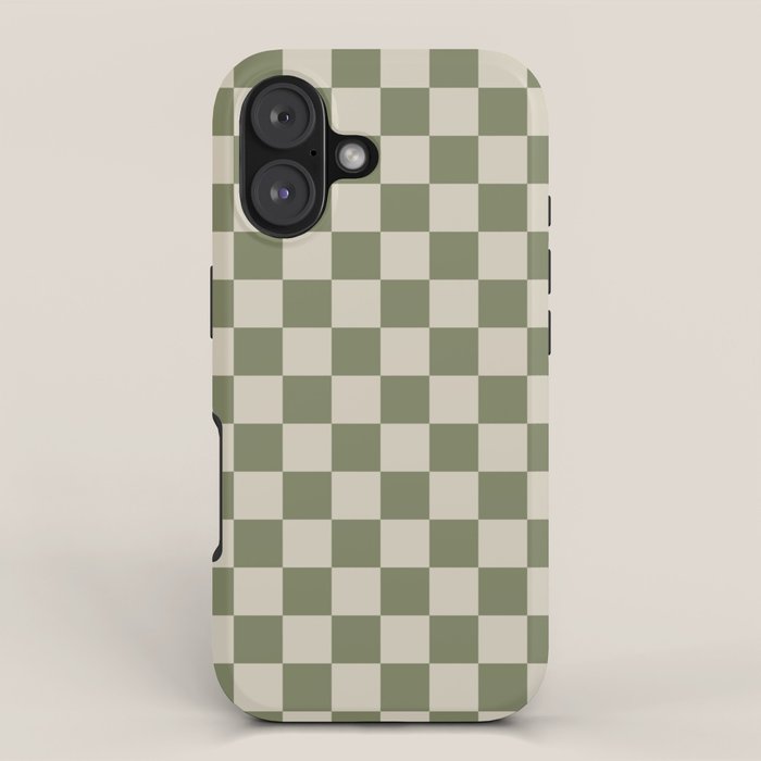 Checkerboard Check Checkered Pattern in Sage Olive Green and Beige iPhone Case Gallery Image 1