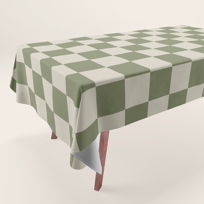 Checkerboard Check Checkered Pattern in Sage Olive Green and Beige Tablecloth Gallery Image 1