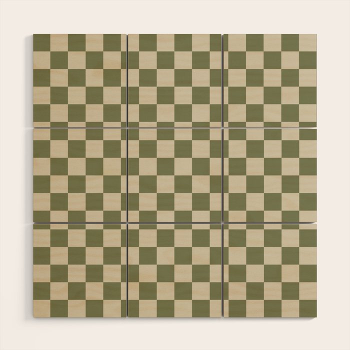 Checkerboard Check Checkered Pattern in Sage Olive Green and Beige Wood Wall Art Gallery Image 1