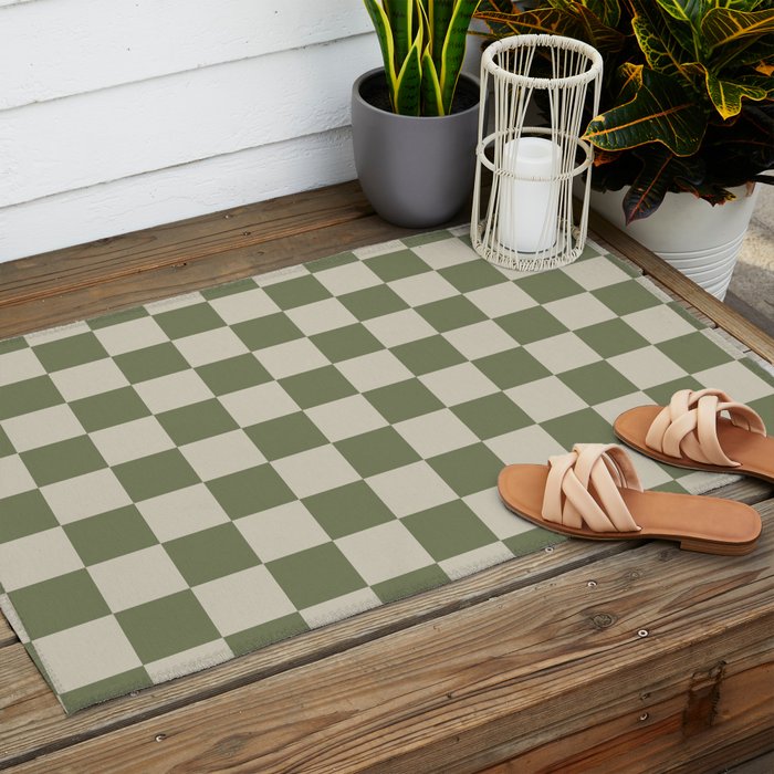 Checkerboard Check Checkered Pattern in Sage Olive Green and Beige Outdoor Rug Gallery Image 2