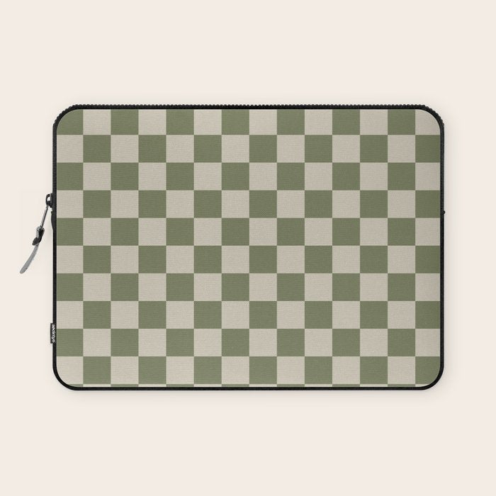 Checkerboard Check Checkered Pattern in Sage Olive Green and Beige Laptop Sleeve Gallery Image 1