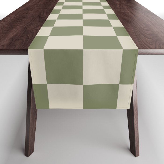 Checkerboard Check Checkered Pattern in Sage Olive Green and Beige Table Runner Gallery Image 1