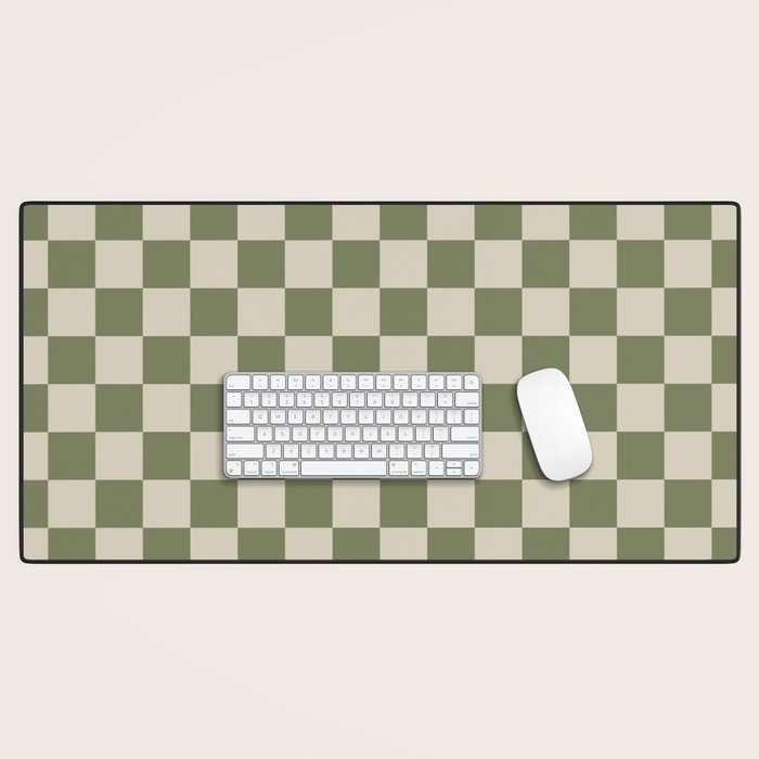 Checkerboard Check Checkered Pattern in Sage Olive Green and Beige Desk Mat Gallery Image 1