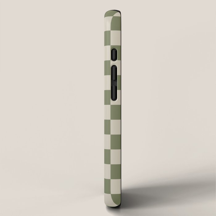 Checkerboard Check Checkered Pattern in Sage Olive Green and Beige iPhone Case Gallery Image 2