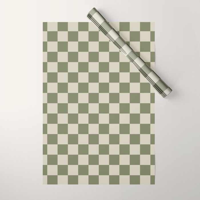 Checkerboard Check Checkered Pattern in Sage Olive Green and Beige Wrapping Paper Gallery Image 1