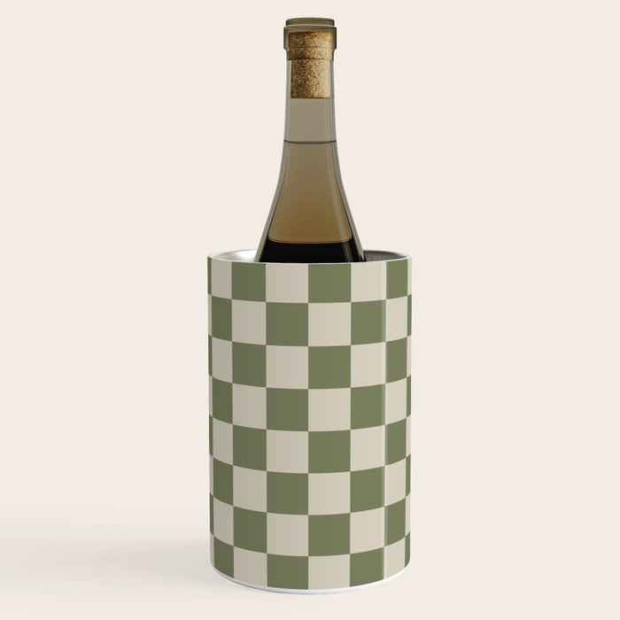 Checkerboard Check Checkered Pattern in Sage Olive Green and Beige Wine Chiller Gallery Image 1