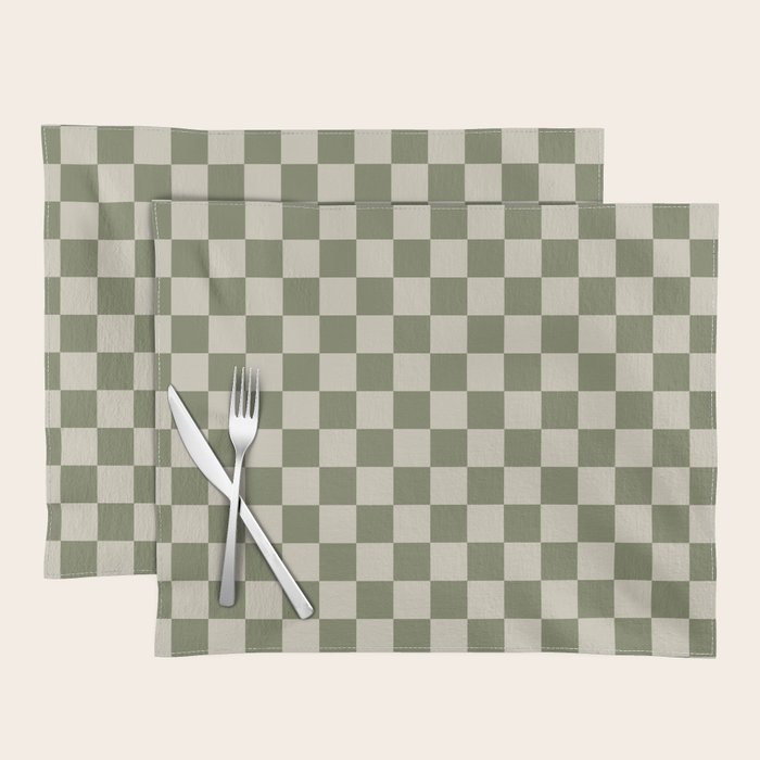 Checkerboard Check Checkered Pattern in Sage Olive Green and Beige Placemat Gallery Image 1