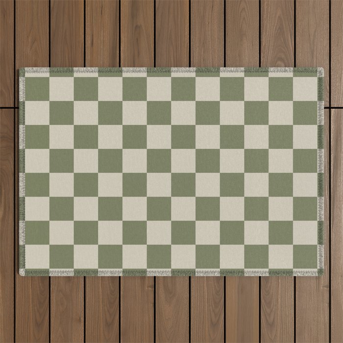 Checkerboard Check Checkered Pattern in Sage Olive Green and Beige Outdoor Rug Gallery Image 1