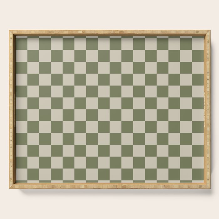 Checkerboard Check Checkered Pattern in Sage Olive Green and Beige Serving Tray Gallery Image 1