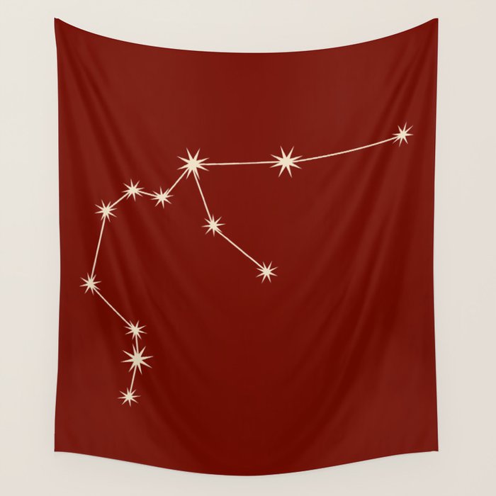 Aquarius Zodiac Star Constellation Line Art Ruby Red Wall Tapestry Gallery Image 4