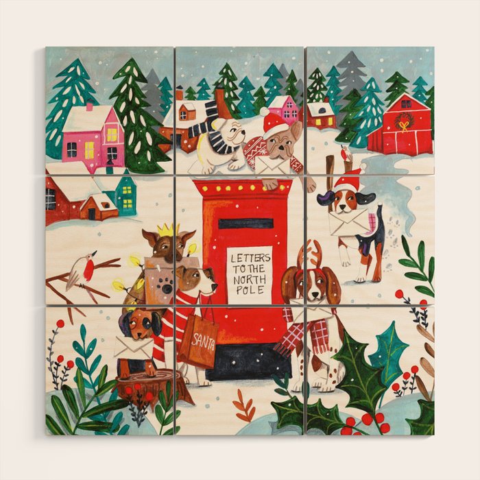 Dogs in the snow Christmas post nordic village Wood Wall Art Gallery Image 1