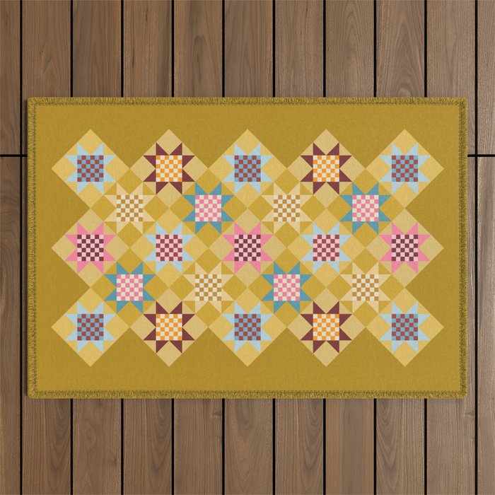 Checkerboard Quilt Shapes - Multicolor Gold Outdoor Rug Gallery Image 1