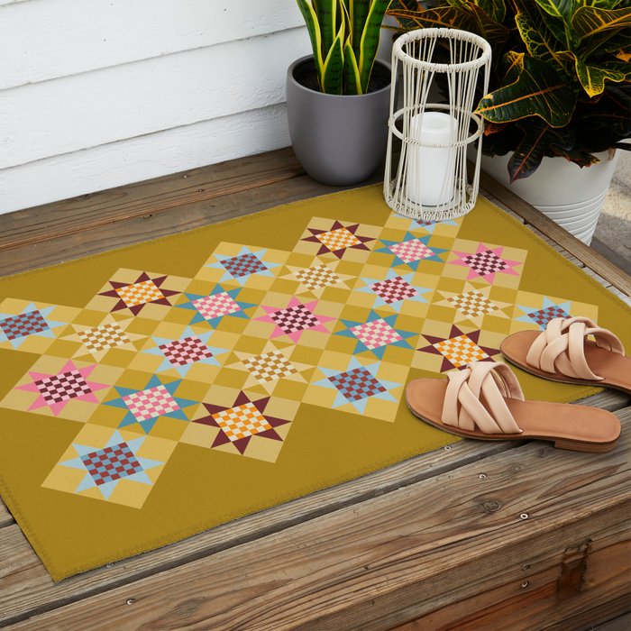 Checkerboard Quilt Shapes - Multicolor Gold Outdoor Rug Gallery Image 2