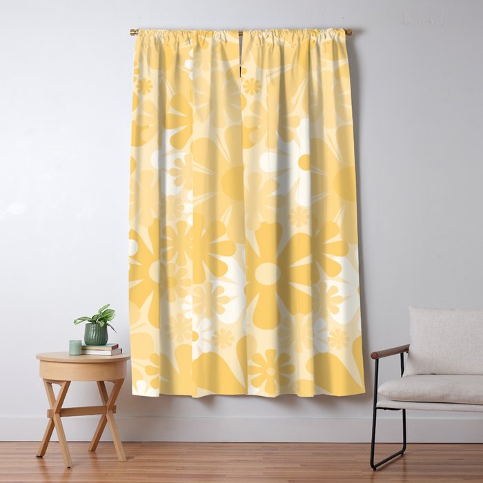 Retro 60s 70s Aesthetic Floral Pattern in Light Buttercream Yellow Window Curtain Gallery Image 1