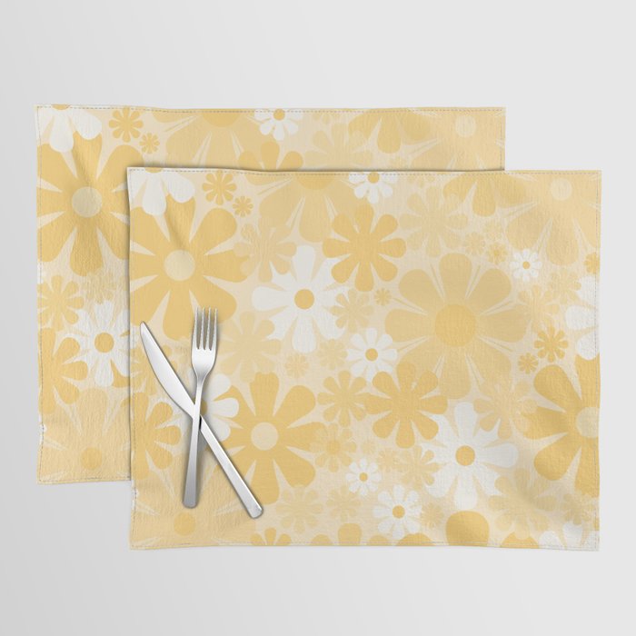 Retro 60s 70s Aesthetic Floral Pattern in Light Buttercream Yellow Placemat Gallery Image 1