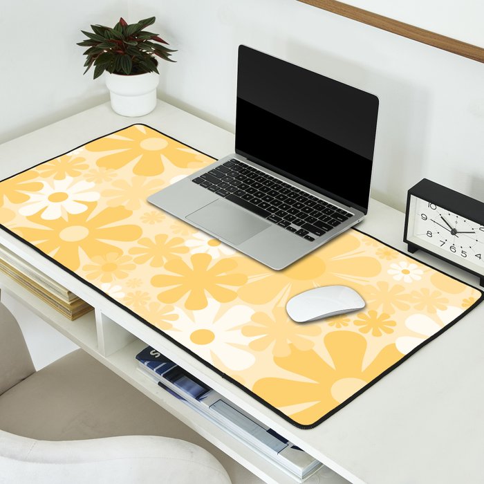 Retro 60s 70s Aesthetic Floral Pattern in Light Buttercream Yellow Desk Mat Gallery Image 2