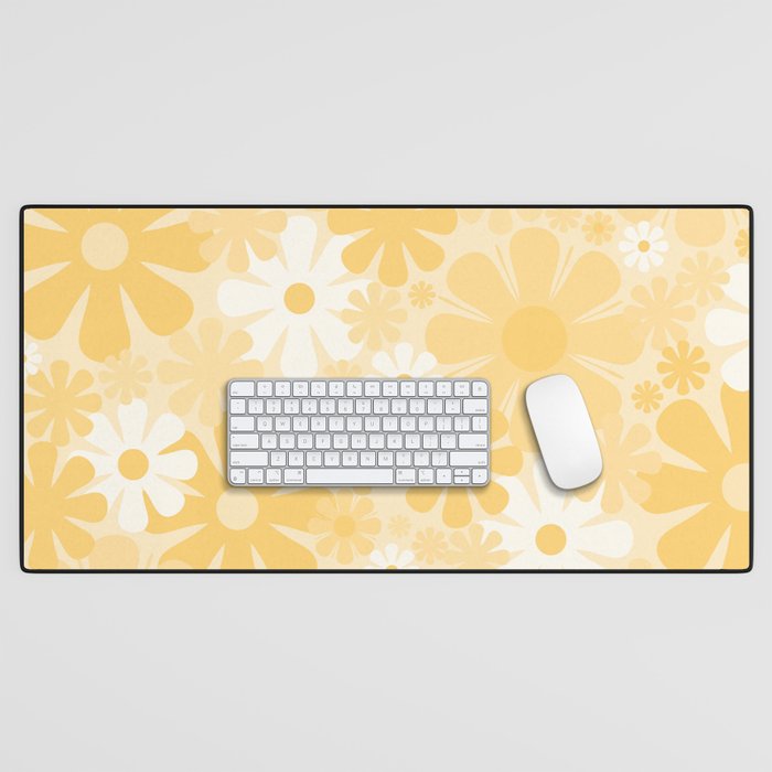 Retro 60s 70s Aesthetic Floral Pattern in Light Buttercream Yellow Desk Mat Gallery Image 1