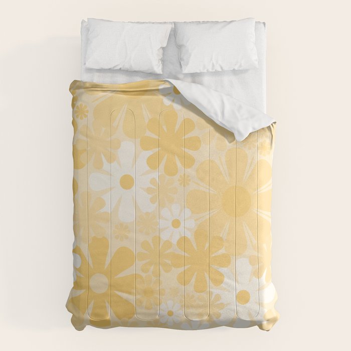 Retro 60s 70s Aesthetic Floral Pattern in Light Buttercream Yellow Comforter Gallery Image 1