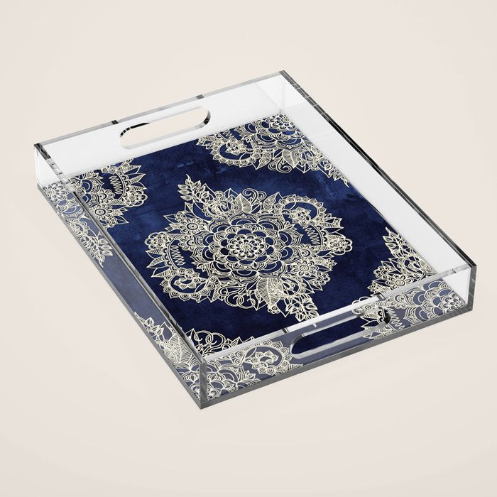 Cream Floral Moroccan Pattern on Deep Indigo Ink Acrylic Tray Gallery Image 1