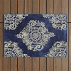 Cream Floral Moroccan Pattern on Deep Indigo Ink Outdoor Rug Gallery Image 1