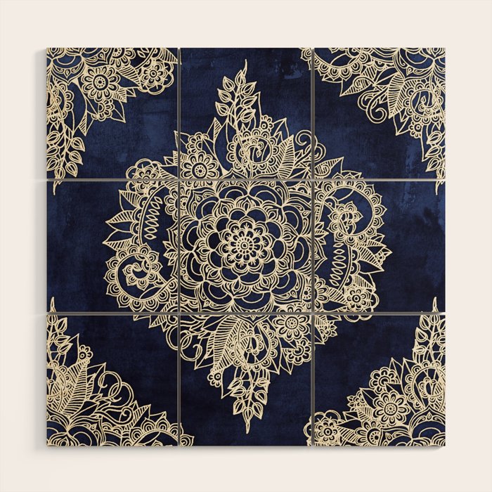 Cream Floral Moroccan Pattern on Deep Indigo Ink Wood Wall Art Gallery Image 1