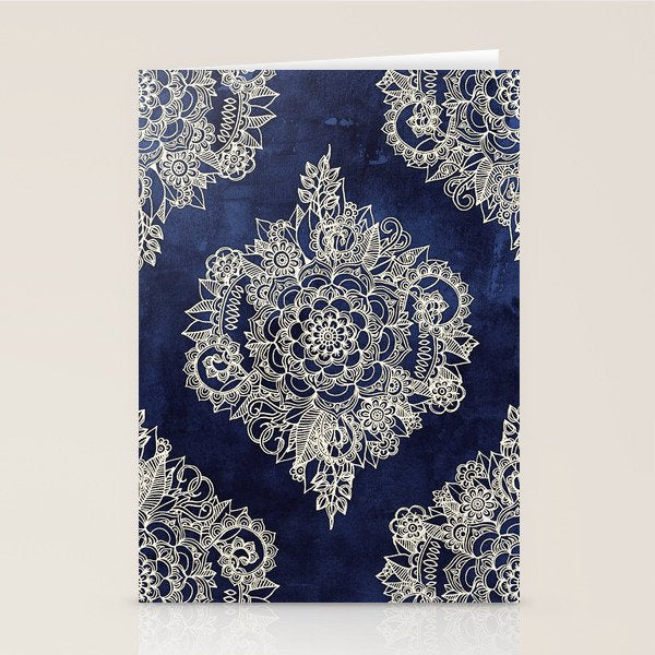 Cream Floral Moroccan Pattern on Deep Indigo Ink Stationery Card Gallery Image 1