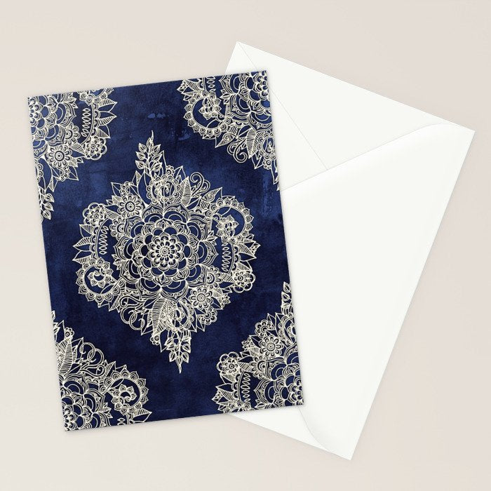 Cream Floral Moroccan Pattern on Deep Indigo Ink Stationery Card Gallery Image 2