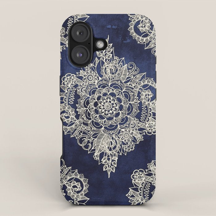 Cream Floral Moroccan Pattern on Deep Indigo Ink iPhone Case Gallery Image 1