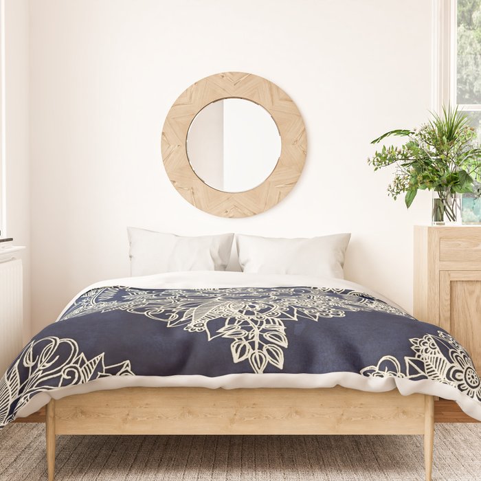 Cream Floral Moroccan Pattern on Deep Indigo Ink Duvet Cover Gallery Image 3