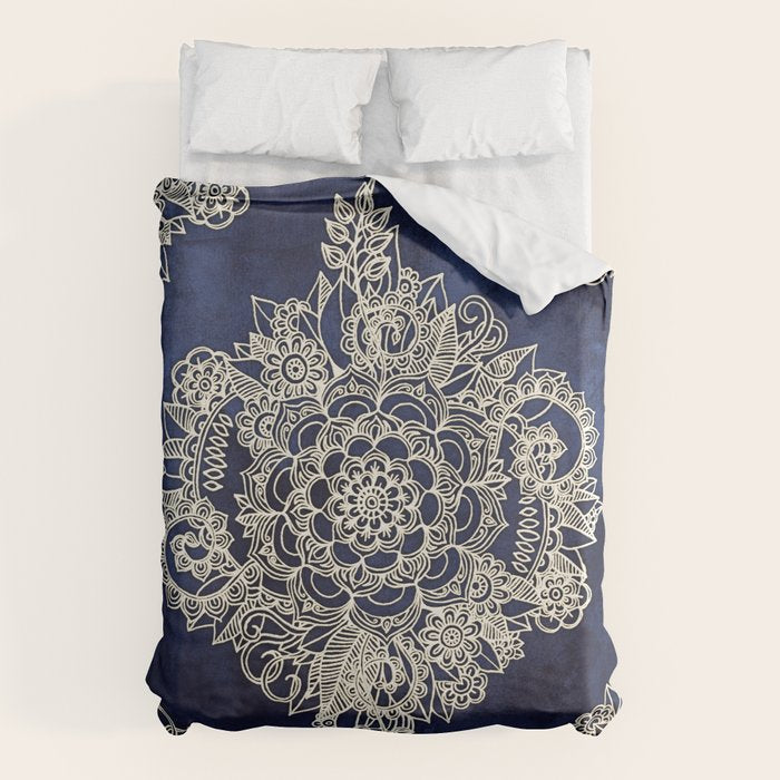 Cream Floral Moroccan Pattern on Deep Indigo Ink Duvet Cover Gallery Image 1