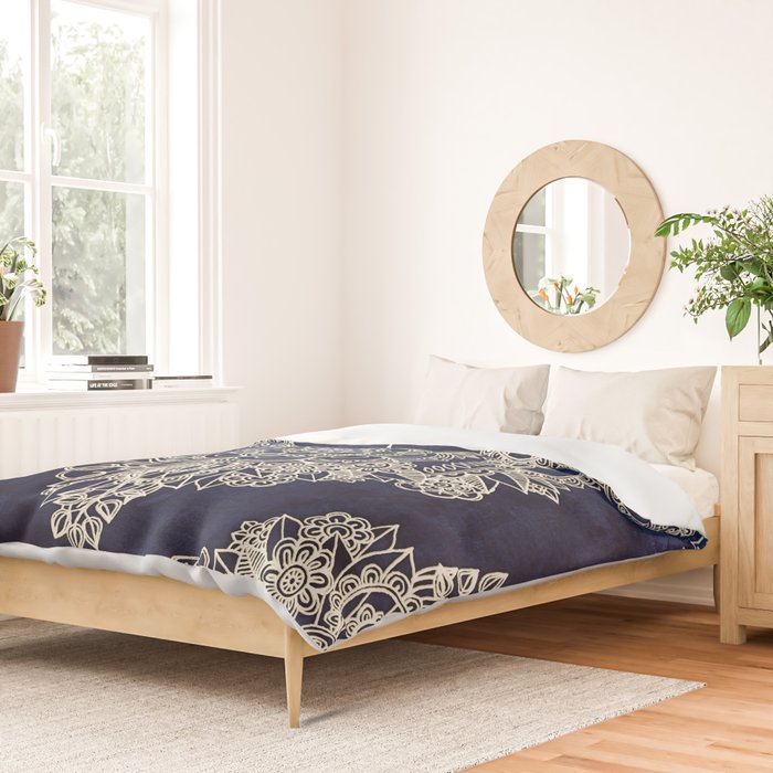 Cream Floral Moroccan Pattern on Deep Indigo Ink Duvet Cover Gallery Image 2