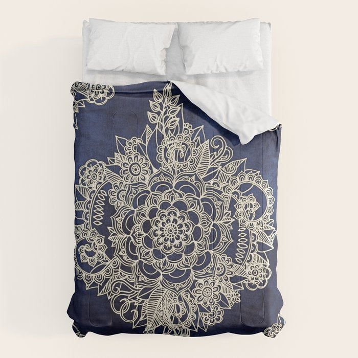 Cream Floral Moroccan Pattern on Deep Indigo Ink Comforter Gallery Image 6