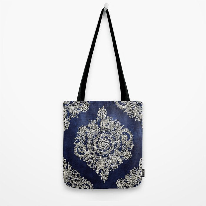 Cream Floral Moroccan Pattern on Deep Indigo Ink Tote Bag Gallery Image 2