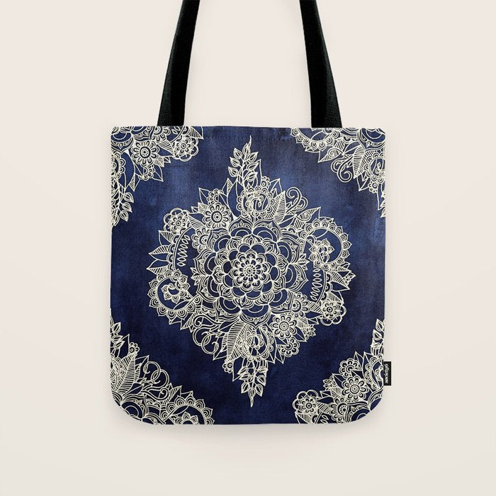Cream Floral Moroccan Pattern on Deep Indigo Ink Tote Bag Gallery Image 1