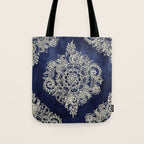 Cream Floral Moroccan Pattern on Deep Indigo Ink Tote Bag Gallery Image 1